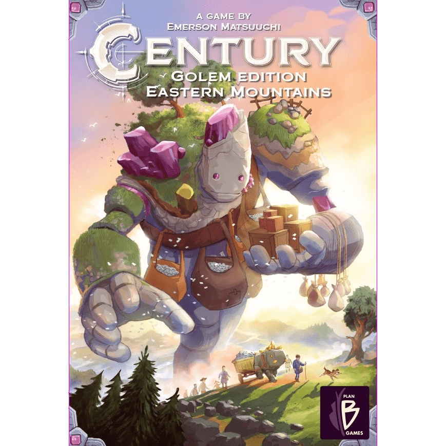 A large, colorful golem made of stone and plants carries boxes and a cart through mountains, watched by small people below. Manga-style art showcases the game title "Century: Golem Edition Eastern Mountains" by Plan B Games at the top.
