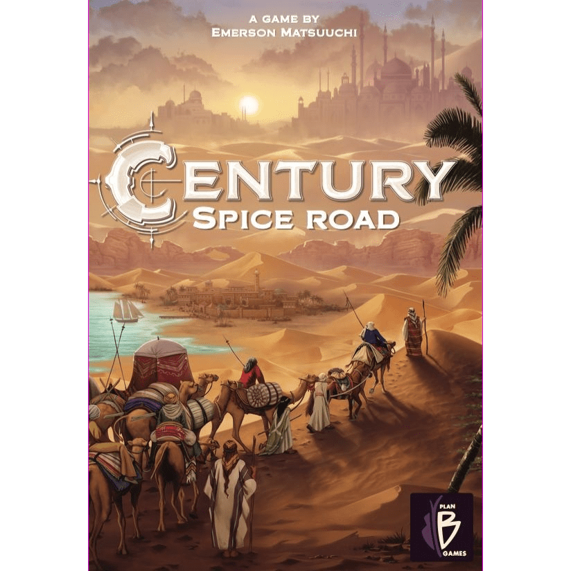 The cover art for Century: Spice Road by Plan B Games shows a camel caravan and traders crossing desert sand dunes toward a distant city, with palm trees and a sunset in the background.