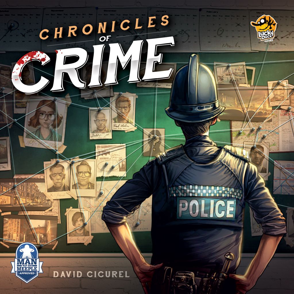 A police officer faces a bulletin board filled with crime scene photos, documents, and red string under the bold title "Chronicles of Crime" from Lucky Duck Games—a cooperative game about ongoing investigations.