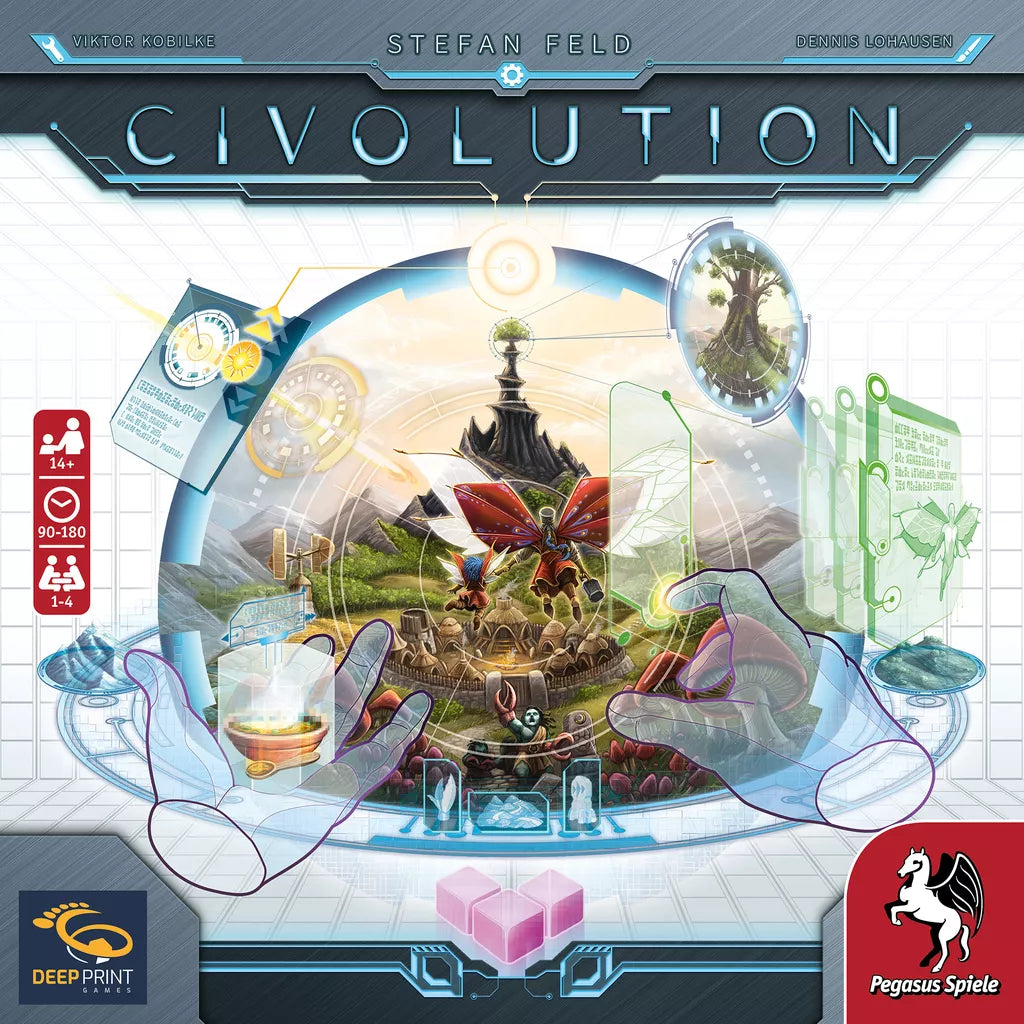 The Civolution cover art shows futuristic hands with scientific tools and a digital interface revealing a vibrant tech island, inspired by Civilization Design at the Technical Academy of Creation. The Pegasus Spiele logo is also displayed.