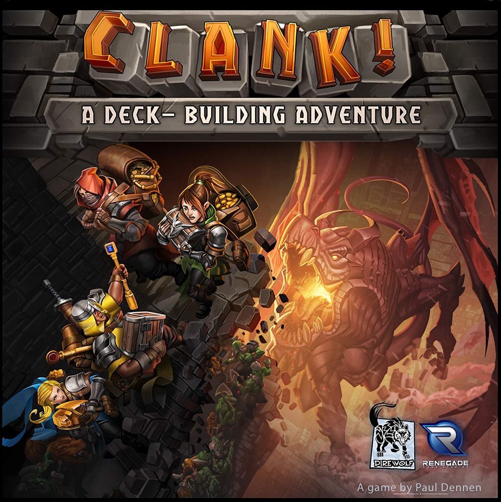 Cover art for Clank!: A Deck-Building Adventure English Second Edition by Dire Wolf features four adventurers sneaking into a dragon’s lair, confronted by a fierce red dragon, with game logo and designer credits at the bottom.