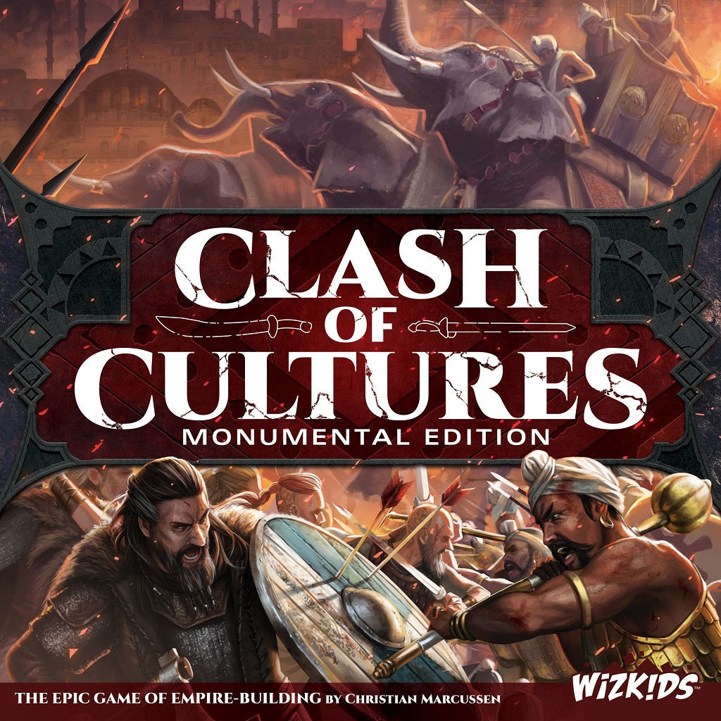 Board game cover for Wizkids' Clash of Cultures: Monumental Edition, depicting ancient warriors clashing with swords and shields, elephants in the background, and the game's bold white title.
