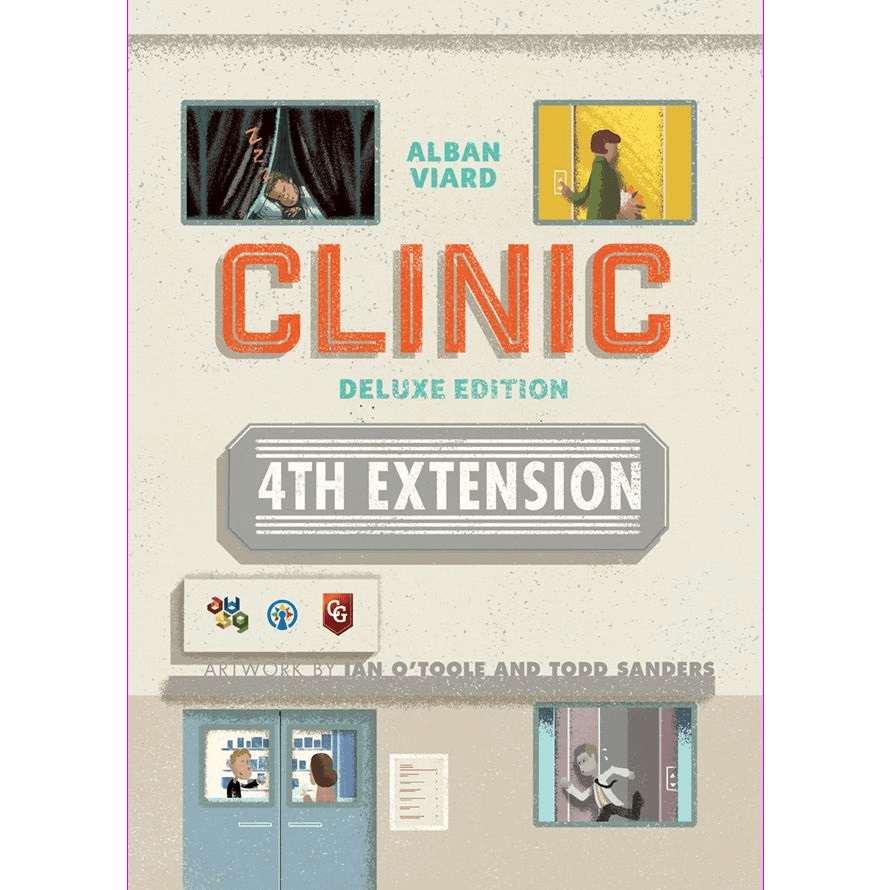 Board game box cover for Clinic: Deluxe Edition Bundle by Alban Viard Studio Games. The hospital-themed design shows people in windows, icons, stylized text, and features artwork by Ian OToole and Todd Sanders.