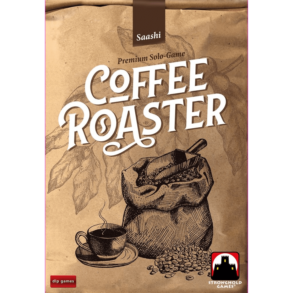 The Coffee Roaster board game by DLP Games features a cover with a sack of coffee beans, scoop, cup of coffee, and coffee plant leaves. The bold white game title and DLP Games logo are also displayed.
