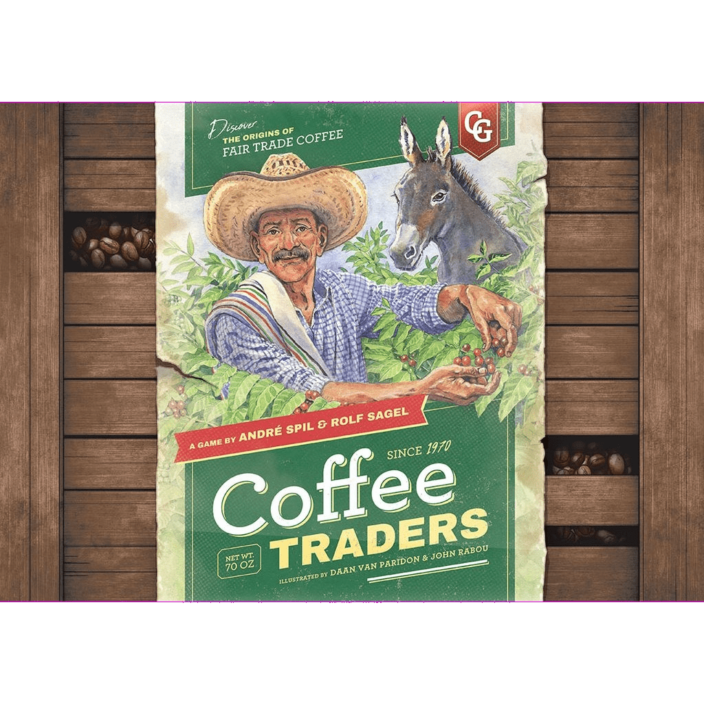 The Coffee Traders board game by Capstone Games features a cover of a smiling man in a straw hat picking Arabica coffee beans, with a donkey nearby and coffee plantations and wooden crates in the background.