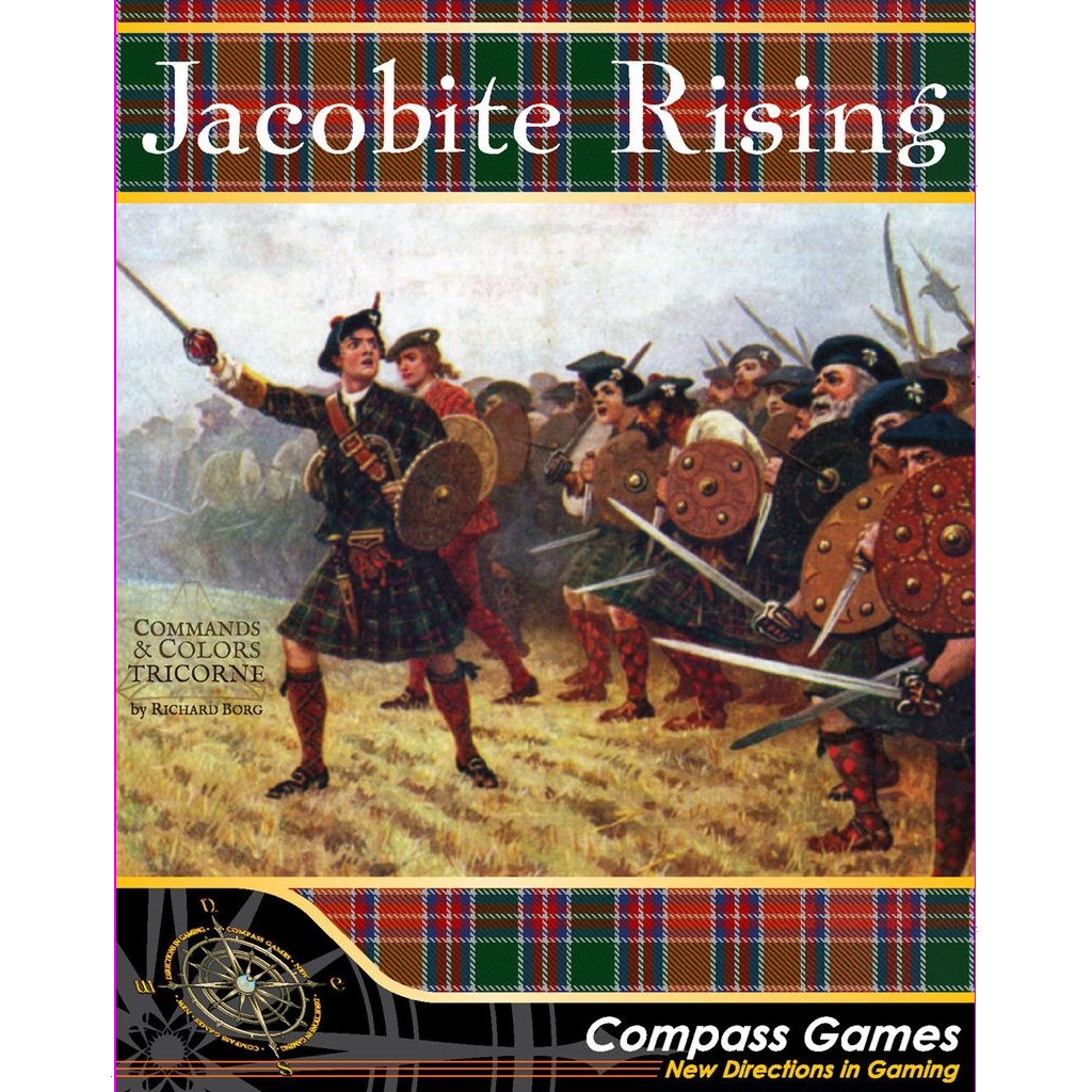 Box cover for Commands & Colors Tricorne: Jacobite Rising by Compass Games, featuring Scottish Highland soldiers in kilts and tartan with swords and shields advancing in battle, bordered by tartan patterns evoking historic clashes.