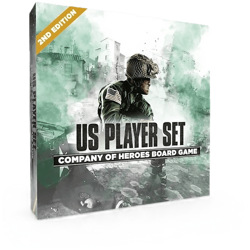 Box for Company of Heroes: US Faction Player Set by Bad Crow Games, showing a uniformed soldier with an American flag patch amid tanks and smoke on the battlefield, capturing the firepower of mobile weapons teams.