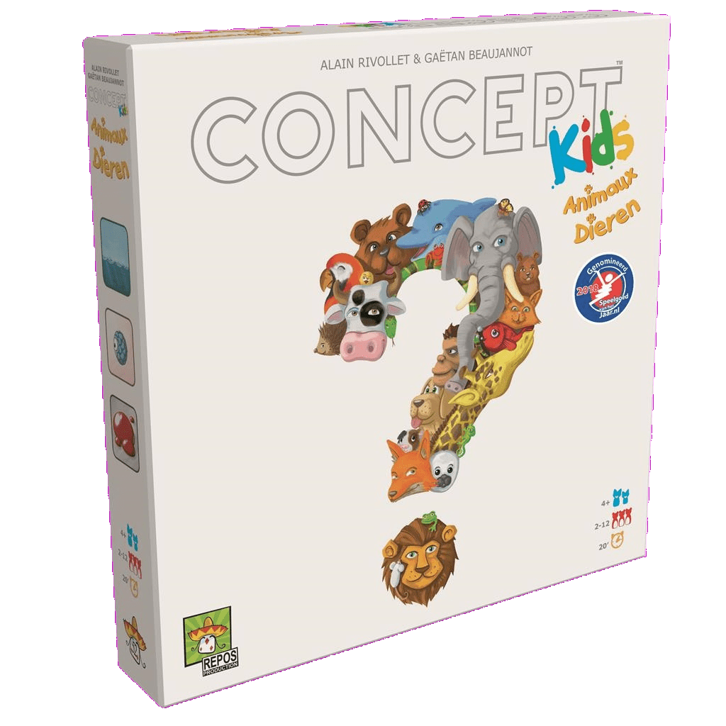 The Repos Concept Kids Dieren game box shows a big question mark filled with animal faces—lion, elephant, monkey—on a white background. It’s a cooperative kids’ game.