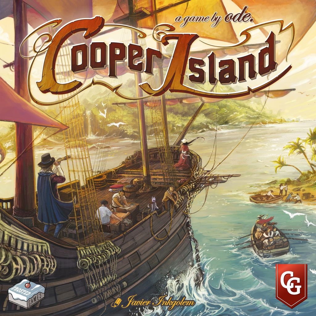 A vibrant illustration for Capstone Games' Cooper Island shows a large wooden ship near an island, figures onboard, a small rowboat landing, landscape tiles arranged on shore, and the board game’s logo featured in the scene.