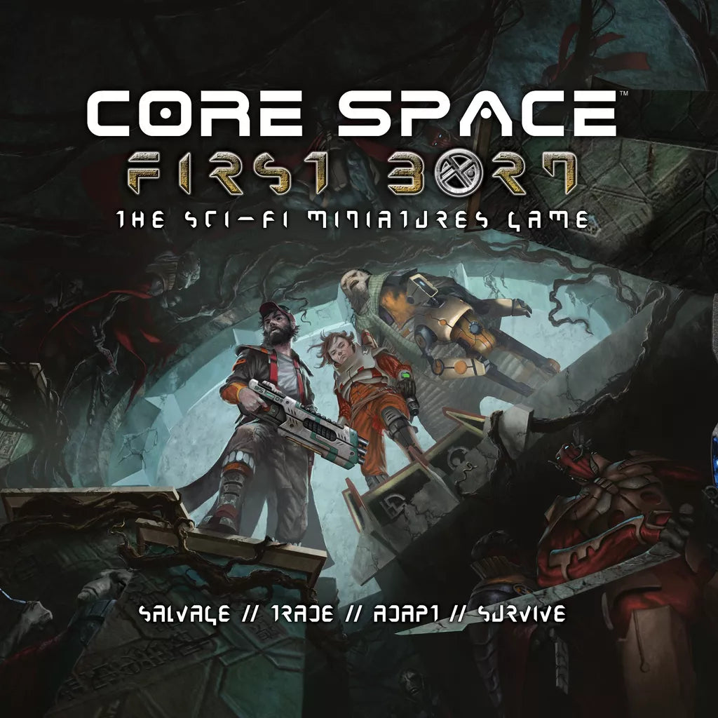 Cover art for Core Space: First Born by Battle Systems Ltd, a sci-fi miniatures board game, shows three armored figures with weapons in a dark alien setting. Text on the image: Salvage // Trade // Adapt // Survive.