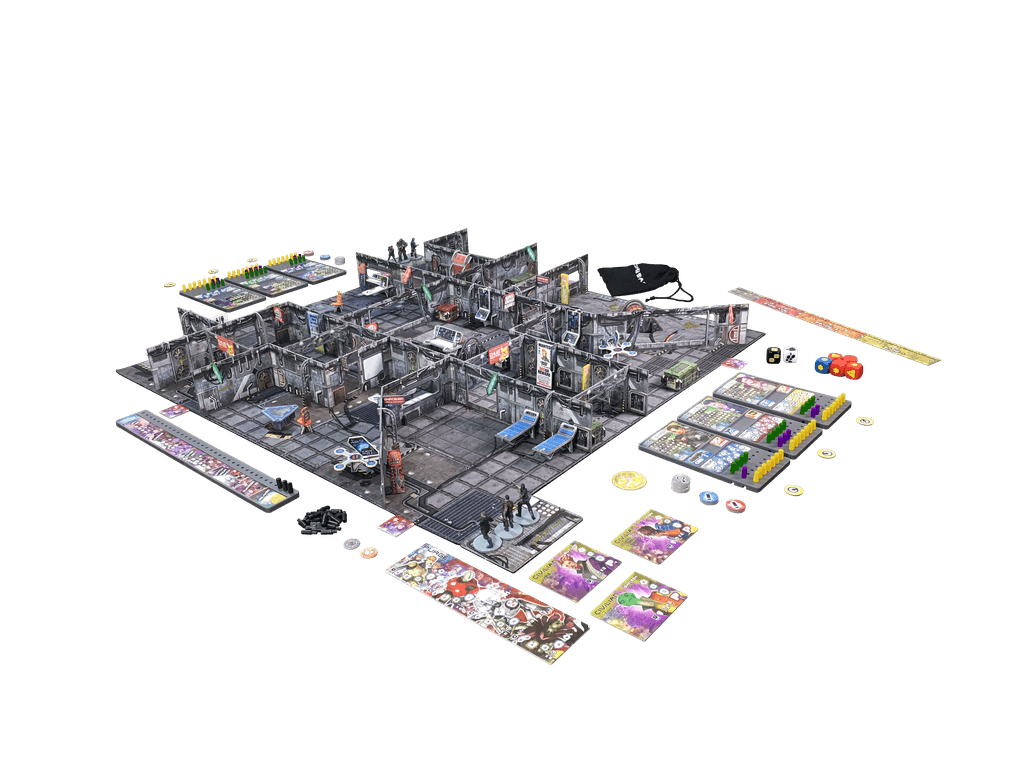 Core Space by Battle Systems Ltd is displayed with a modular city map, walls, tokens, cards, dice, sci-fi miniatures, and player boards on a white background—perfect for an immersive adventure or strategy board game experience.