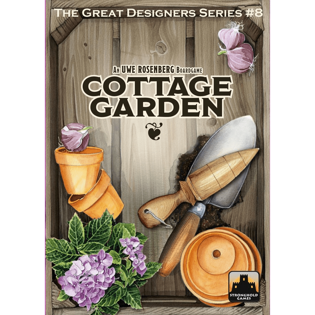 The cover of Cottage Garden by Stronghold Games shows stacked flower pots, a trowel, gloves, purple flowers, and seed bulbs on wood. The decorative title hints at the polyomino tile gameplay inside.