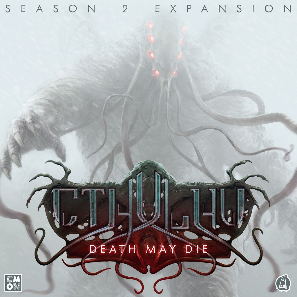 A monstrous creature with glowing red eyes looms in mist behind the stylized Cthulhu: Death May Die Season 2 Expansion title on a dark board game cover from Cool Mini Or Not, featuring new investigators.