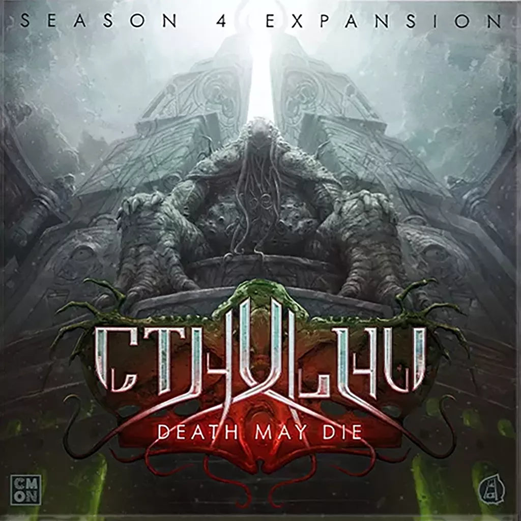 Dark, ominous art of a towering, tentacled structure sets the tone for Cool Mini Or Not’s Cthulhu: Death May Die Season 4 Expansion, with "Season 4 Expansion" above and the title boldly below.