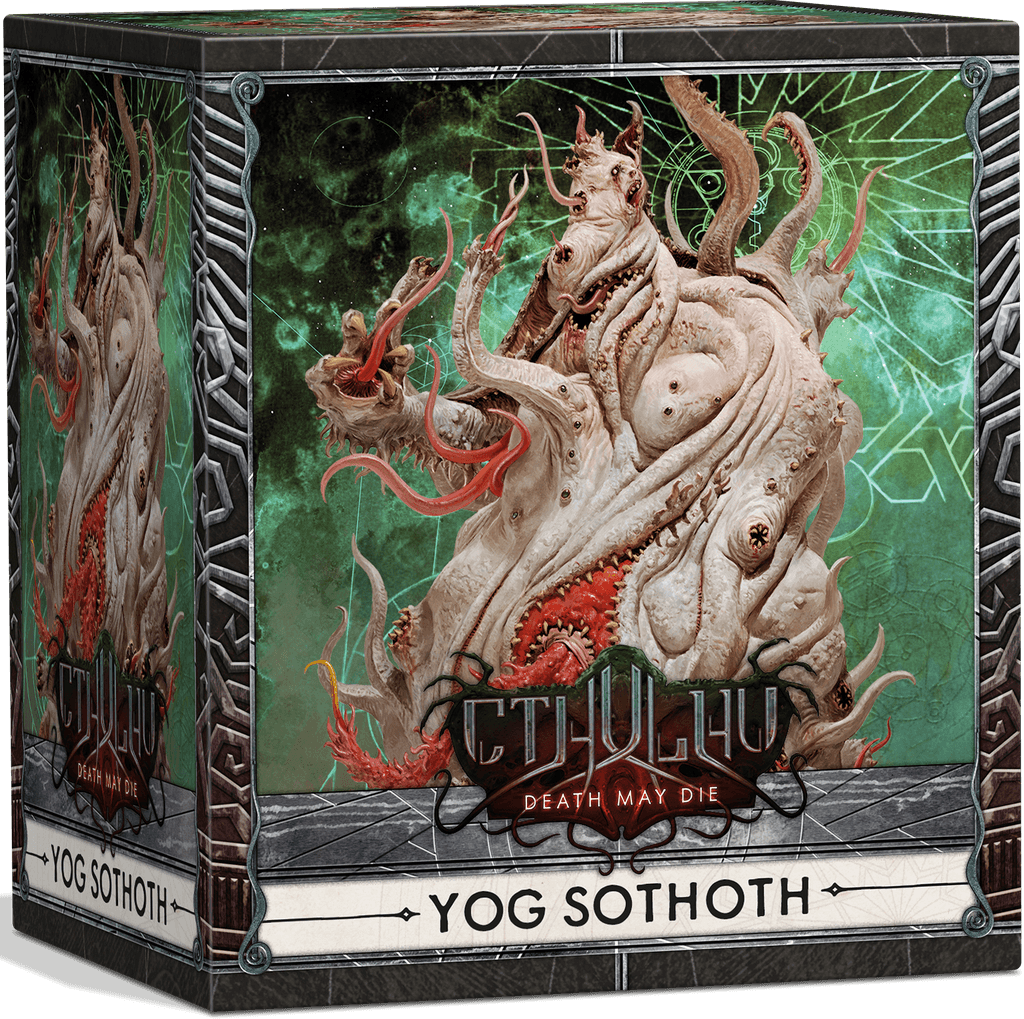 The box art for Cool Mini Or Not’s Cthulhu: Death May Die: Yog–Sothoth Elder Box features the monstrous Yog-Sothoth, a tentacled being with numerous eyes and mouths set against a haunting, cosmic green backdrop.