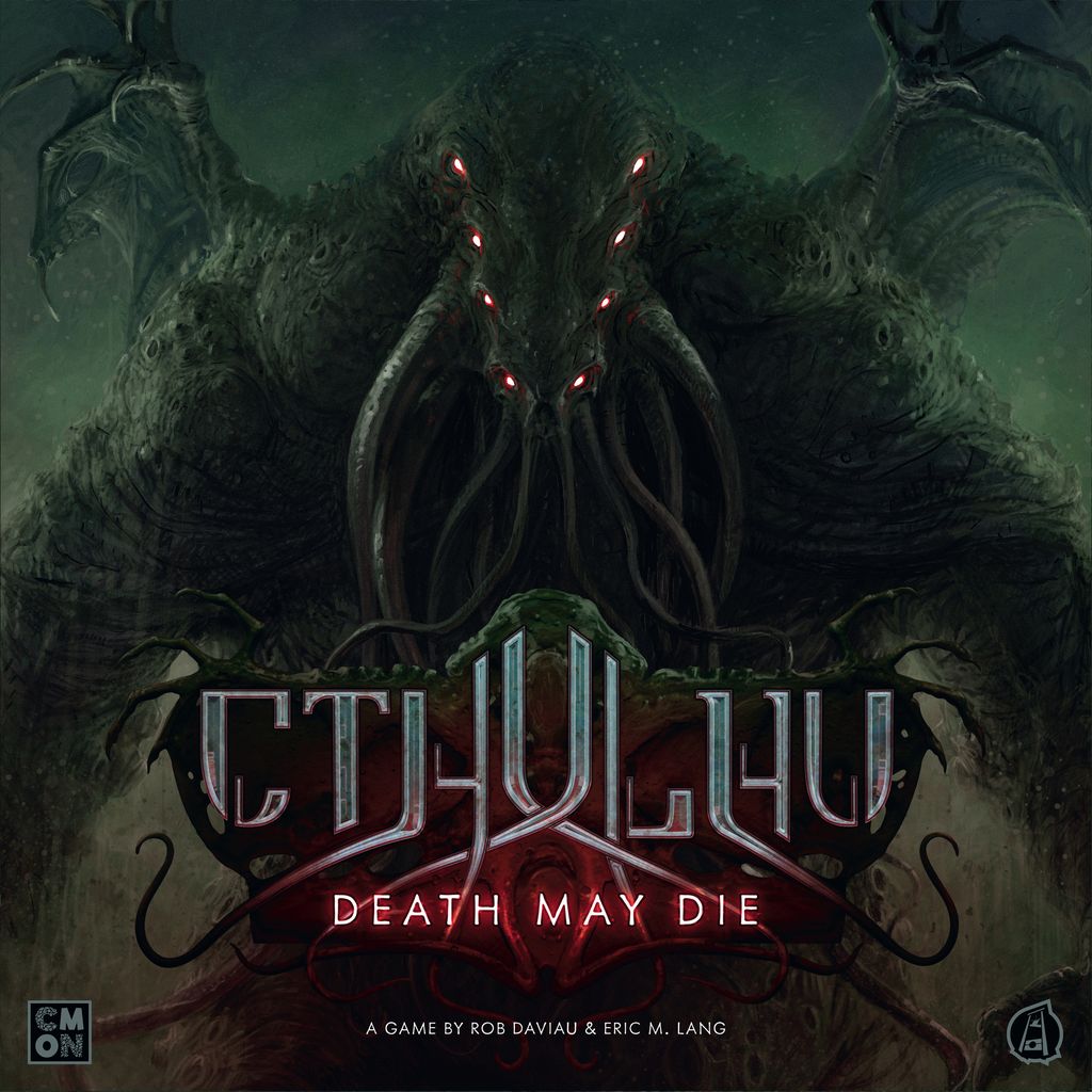 A monstrous, tentacled creature looms in dark fog with glowing red eyes. Below, the title “Cthulhu: Death May Die” by Cool Mini Or Not captures the terror of this Lovecraftian board game.