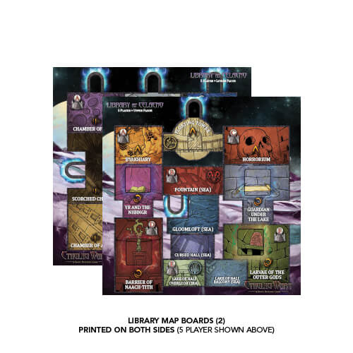 Cthulhu Wars: Library at Celaeno Map by Petersen Games includes two double-sided boards with themed rooms like Gloompit, Horrorium, and Chamber of Woe; the 5-player Lovecraftian version is shown.
