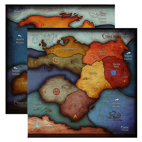 The Cthulhu Wars: Oversized 3-5 Player Earth Map Expansion by Petersen Games features a vintage-style, color-coded map of Europe, Asia, Africa, and Scandinavia, labeled "Cthulhu Wars"—perfect for 3-5 or 6-8 player games.