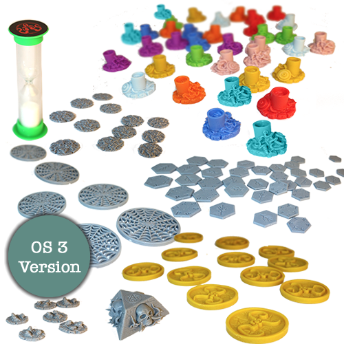 Cthulhu Wars: Shining Trapezohedron Plastic Marker Pack by Petersen Games features vibrant sculpted pieces, elder sign tokens, a green sand timer, and hex tiles on white. Plastic tokens provide extra durability. OS 3 Version label shown.