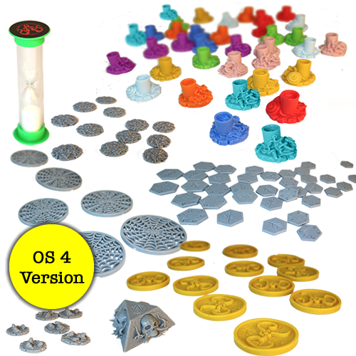 The Cthulhu Wars: Shining Trapezohedron Plastic Marker Pack (OS4) by Petersen Games features colorful, uniquely shaped board game pieces, blue and yellow tokens, a sand timer, elder signs, and a pyramid-shaped die on a white background.