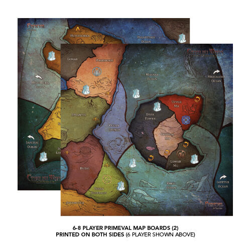Petersen Games’ Cthulhu Wars: Six to Eight Player Primeval Map includes two illustrated, double-sided boards (for 6 or 8 players) with colored regions, labeled areas, icy symbols, and a unique overlapping Primeval Map.