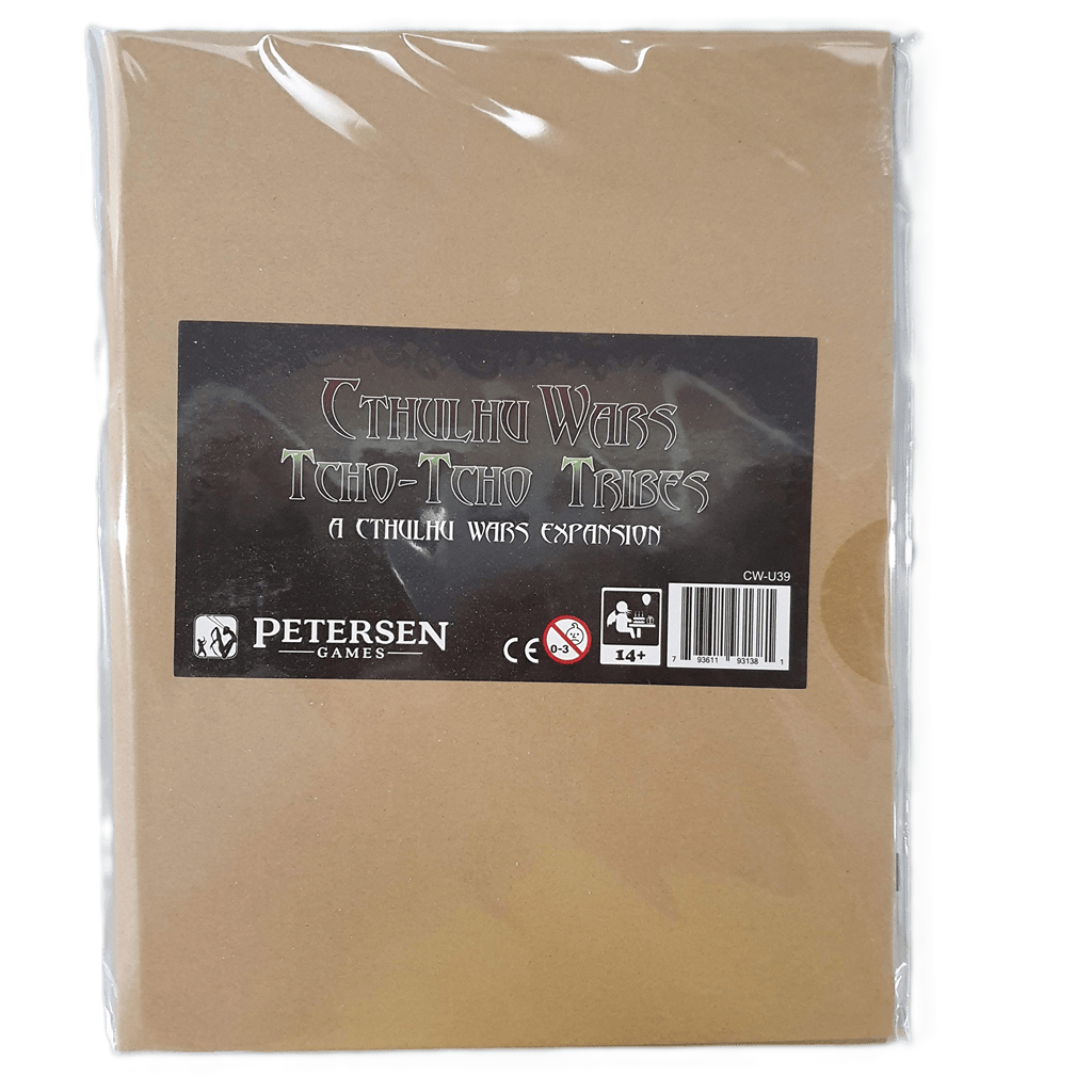 A sealed brown package labeled "Cthulhu Wars: Tcho-Tcho Tribes Expansion" by Petersen Games, featuring new spellbooks, recommended for ages 14+.