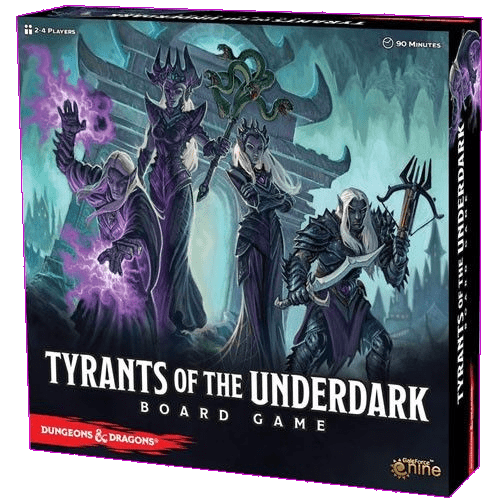 Box cover of D&D Tyrants of the Underdark Board Game (2021) by Gale Force Nine, showing dark fantasy figures in sinister armor and robes against a shadowy background, with the Dungeons & Dragons logo in the lower left corner.