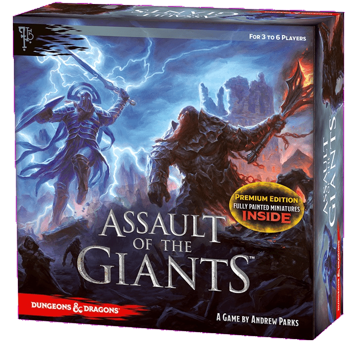 The box cover of Wizkids' D&D Assault of the Giants Board Game Premium Edition depicts two giant armies battling in a storm, with a gold sticker highlighting "Premium Edition: Fully Painted Miniatures Inside.