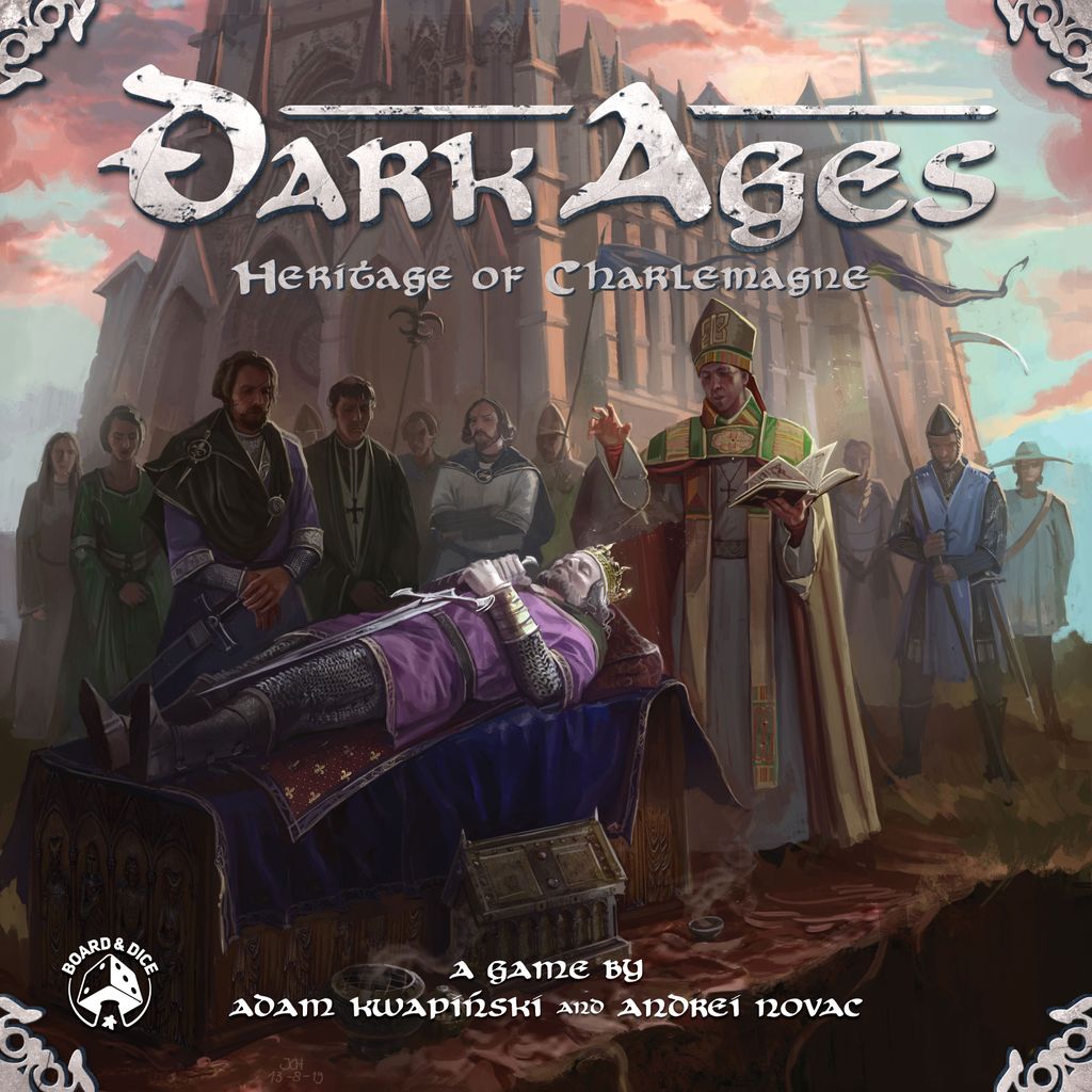 Illustrated cover for Dark Ages: Heritage of Charlemagne by Board & Dice, showing a medieval king in state, mourners, and a priest before a grand cathedral—evoking the epic 4X civilization-building strategy game’s rich atmosphere.