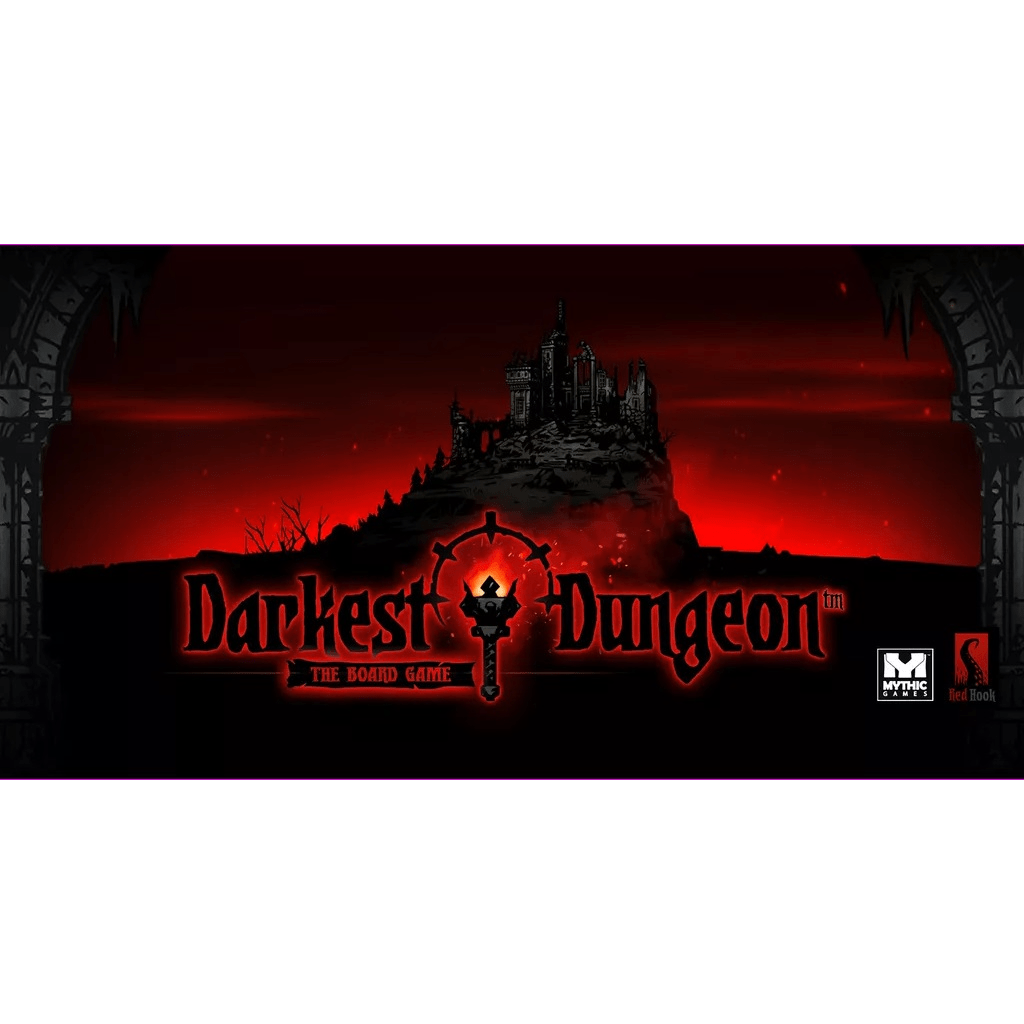 Logo for Darkest Dungeon: The Board Game (Including Strongbox) by Mythic Games: a shadowy castle on a hill with a red backdrop, gothic arches, and the title in bold distressed letters, reflecting this cooperative dungeon crawl’s dark essence.