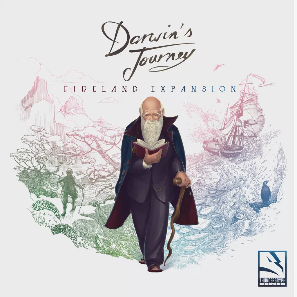 An elderly man with a white beard, holding a book and walking stick, stands before wildlife, plants, and ships—capturing the spirit of Galapagos exploration in the Darwin's Journey Bundle by ThunderGryph Games. The brand’s logo appears in the corner.
