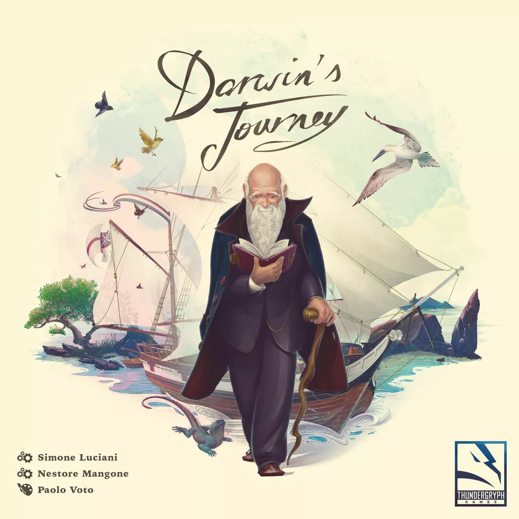 An elderly man with a white beard, in a suit, walks with a book and staff before a beached ship amid wildlife—reflecting the spirit of exploration in Darwin's Journey by ThunderGryph Games, an acclaimed worker-placement Eurogame.