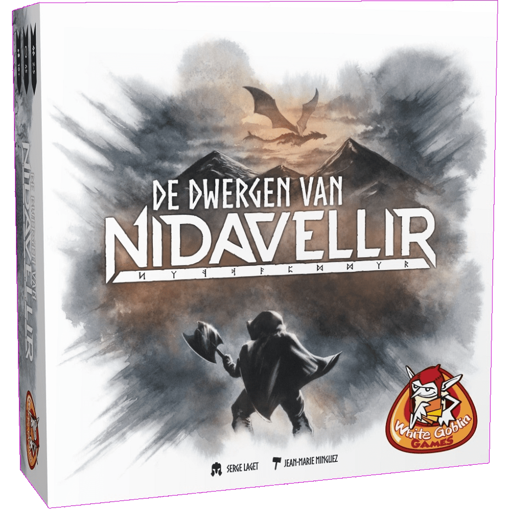 The De Dwergen van Nidavellir box from White Goblin Games shows a dwarf with an axe on rocky ground, mountains and the dragon Fafnir behind him. The White Goblin Games logo appears in the bottom right corner.