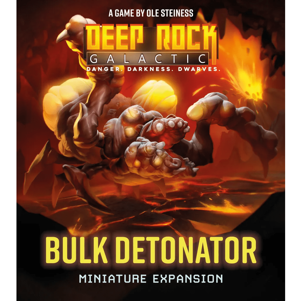 The box art for MOOD Publishing’s Deep Rock Galactic: Bulk Detonator Miniature Expansion features a massive Bulk Detonator with vivid orange and yellow accents emerging from a fiery cave, with bold text displaying the product name.