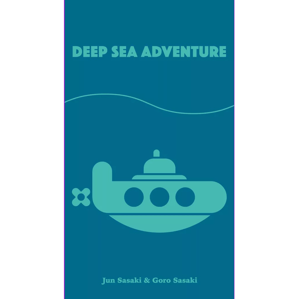 The minimalist blue cover of Oink Games' Deep Sea Adventure shows a simple submarine under the title, with authors Jun Sasaki & Goro Sasaki below and a curved line creating an undersea exploration vibe.