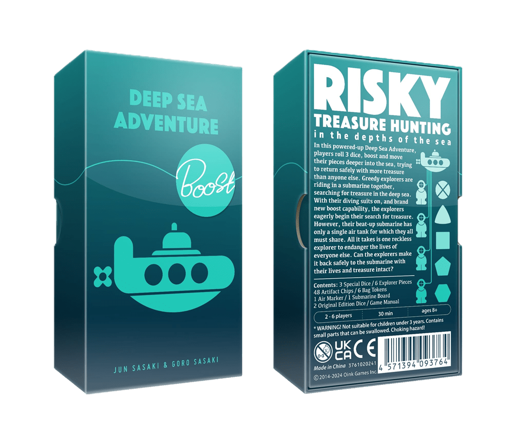 Two turquoise Deep Sea Adventure Boost boxes from Oink Games are shown. The front depicts a yellow submarine and bubbles; the back details dice movement, includes icons, content info, and safety warnings.