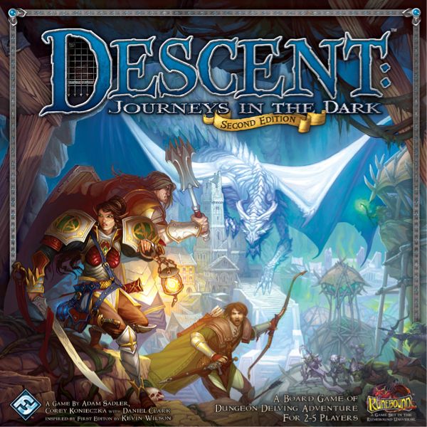 The image features the cover art of Descent: Journeys in the Dark (Second Edition) by Fantasy Flight Games, depicting two heroes armed with weapons facing a colossal icy dragon within a dungeon.