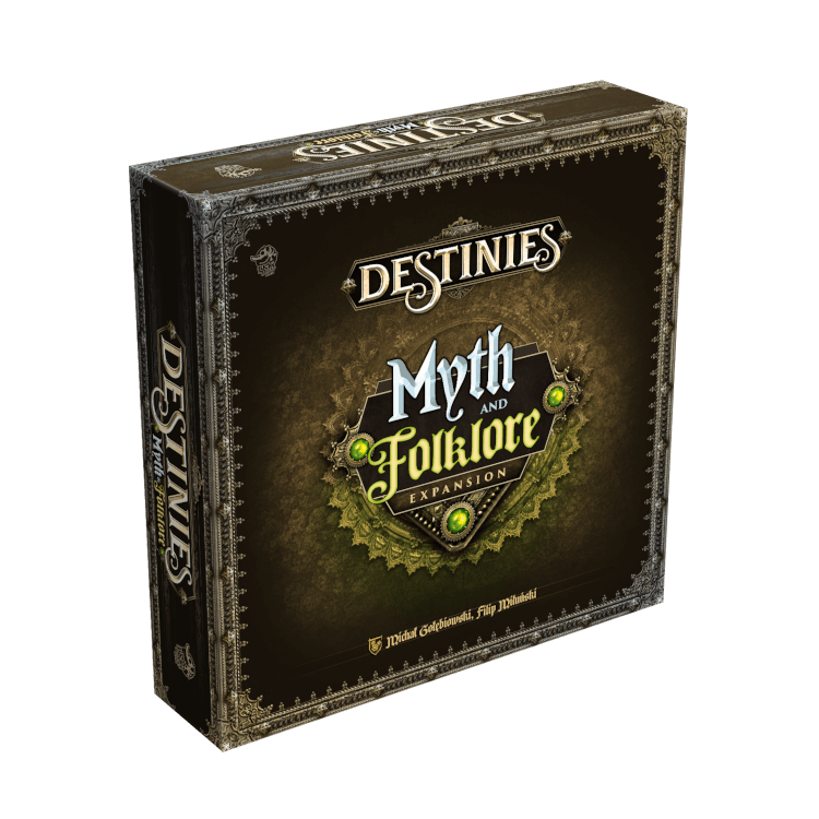 A square Destinies: Myth & Folklore Expansion box by Lucky Duck Games features ornate gold and green accents, a dark background, intricate decorative borders, and subtle mythical creatures in the artwork.