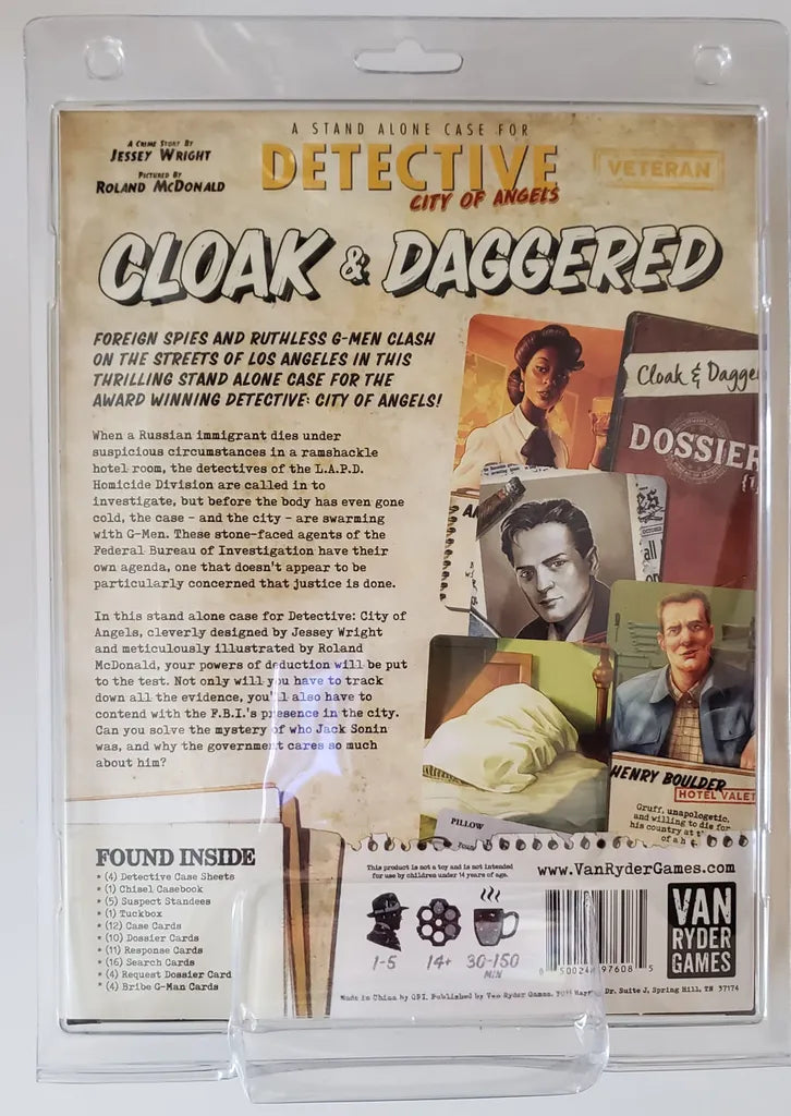 The Detective: City of Angels – Cloak & Daggered Expansion box from Van Ryder Games showcases spy-themed art and details for this thrilling Single Case Pack scenario.