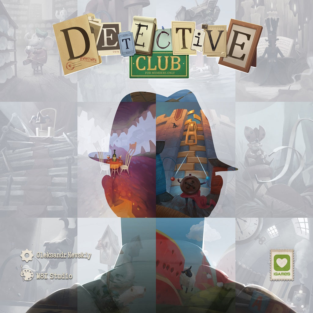 Board game cover for Detective Club (Frans) by Black Rock Games: A silhouetted figure filled with colorful, surreal scenes stands on a gray background with scattered objects; the mixed-up title letters hover above the figure’s head.