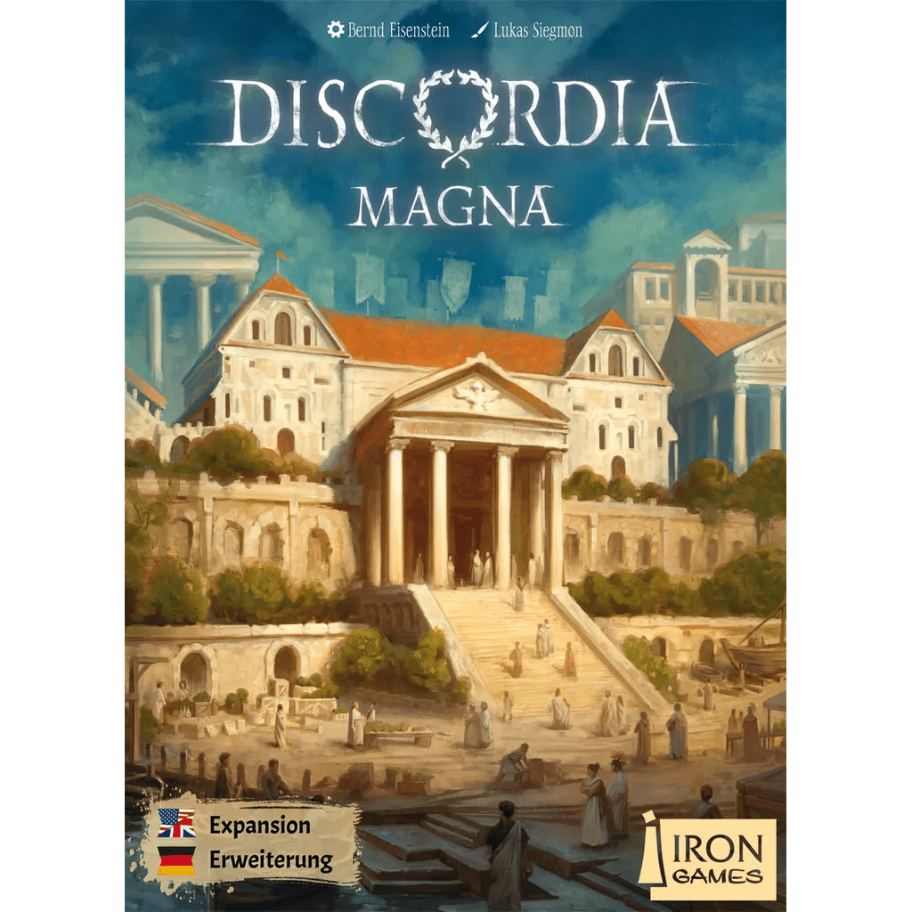 Box cover for the Discordia: Magna Expansion by Iron Games displays an ancient city with grand buildings, a central temple, people in togas, game title, and publisher logos—ideal for fans of city-building strategy games.