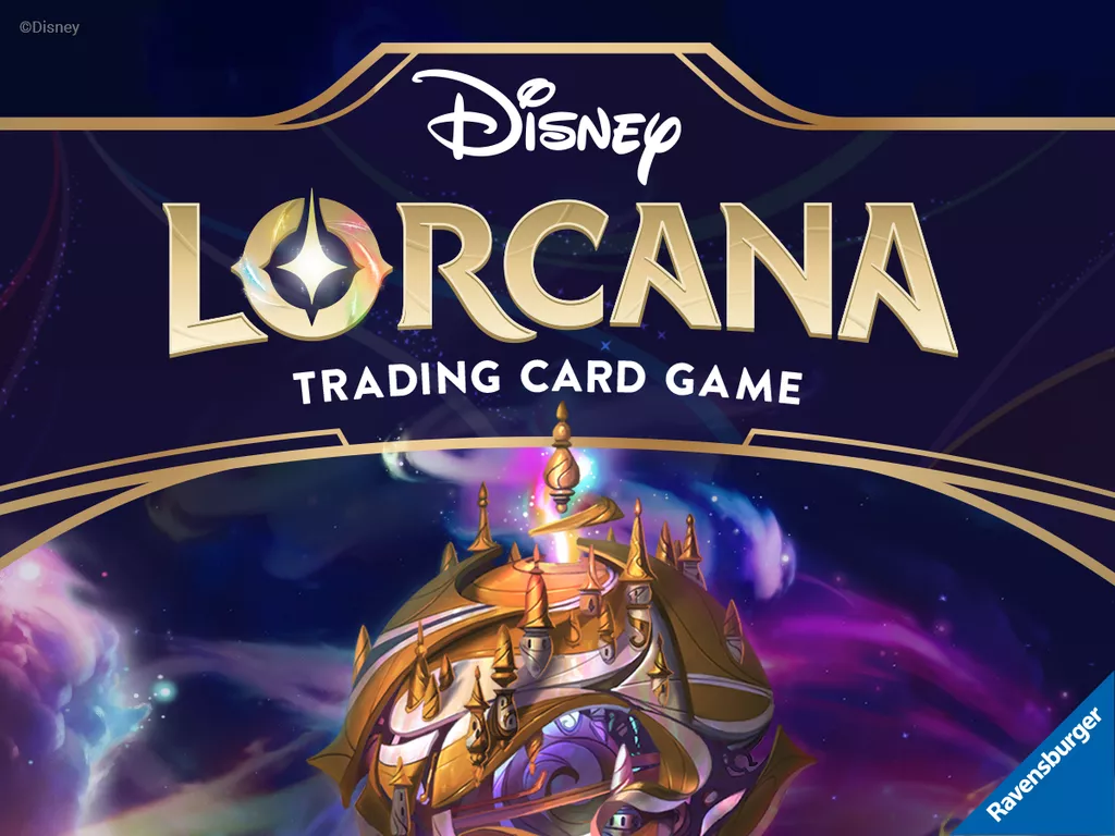 The Disney Lorcana: The First Chapter Starter Deck Display by Ravensburger features a trading card game logo above a golden fantasy castle with swirling colorful lights, evoking a starter deck feel and the Ravensburger logo in the bottom right corner.