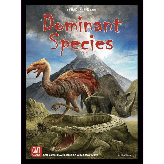 Box cover for Dominant Species Second Edition (Fourth Printing) by GMT Games shows a prehistoric scene with a giant bird, rhinoceros, large crocodile, and lizard roaming as a volcano erupts in the background.