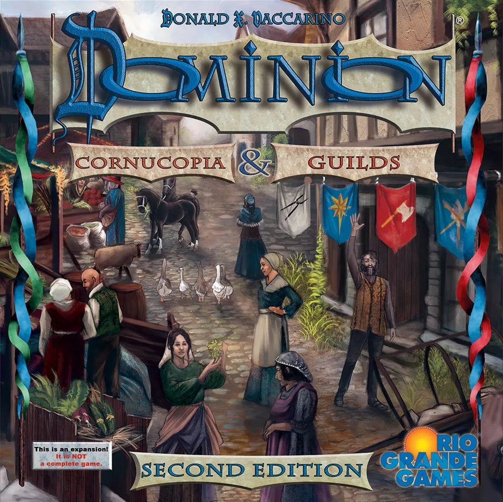 Cover art for Dominion: Cornucopia & Guilds Expansion (Second Edition) by Rio Grande Games shows a bustling medieval village with people, animals, market stalls, festive decor, and nods to favorite Kingdom cards from these beloved expansions.