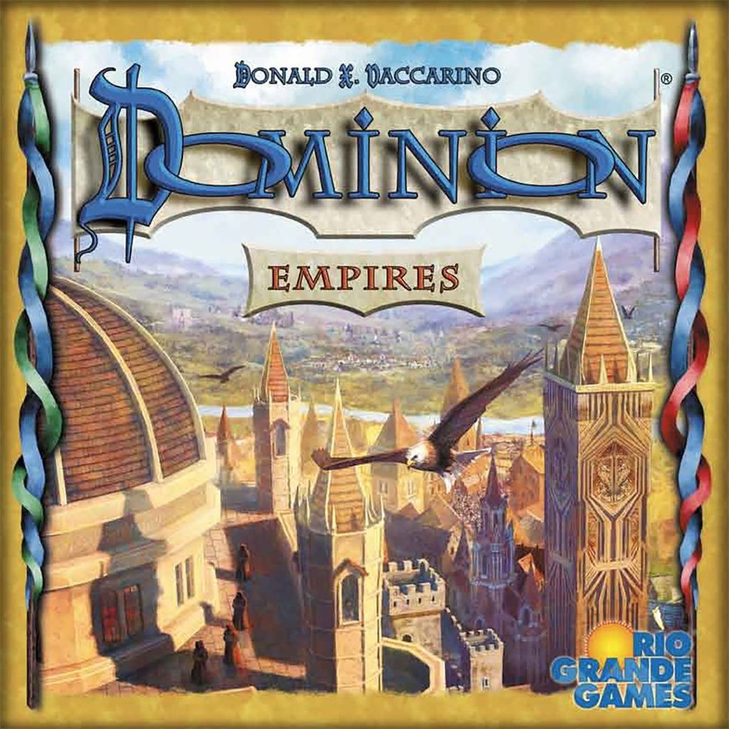 The cover of Dominion: Empires Expansion by Rio Grande Games features a medieval cityscape with towers, a flying bird, distant mountains, and displays the game's title and Rio Grande Games logos at the top and bottom.