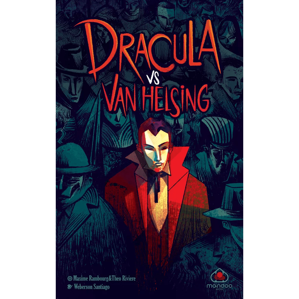 Stylized art of a pale man with red lips and cloak, shadowy figures behind. Bold "Dracula vs Van Helsing" text above. Perfect for the Dracula vs Van Helsing board game by Mandoo Games.