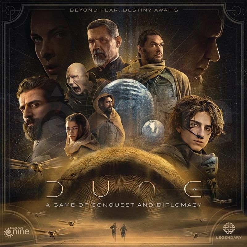 Poster for Dune: A Game of Conquest and Diplomacy, a science fiction strategy game by Gale Force Nine, displays main characters, desert landscapes, spaceships, planets, and the tagline "Beyond Fear. Destiny Awaits." Brand logo shown below.
