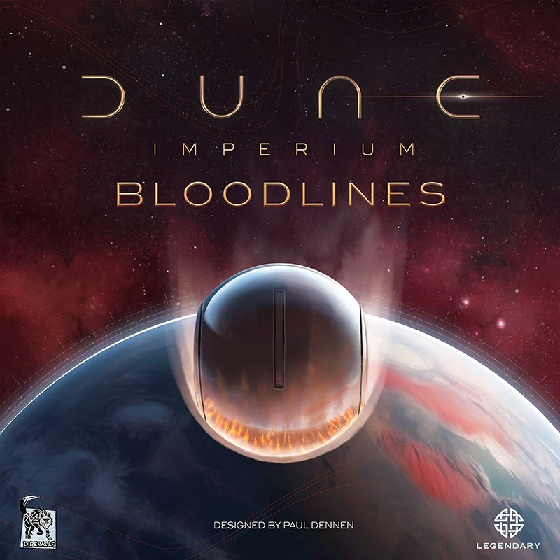 The cover of Dune: Imperium Bloodlines Expansion by Dire Wolf features a futuristic metallic sphere above a planet, all set against a vivid red and purple cosmic backdrop, with the title boldly displayed in sleek letters.