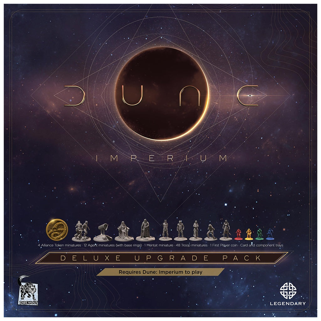 The Dune: Imperium Deluxe Upgrade Pack by Dire Wolf features a dark planet with a glowing ring, cosmic background, and miniature figure silhouettes on the box. It requires Dune: Imperium to play.