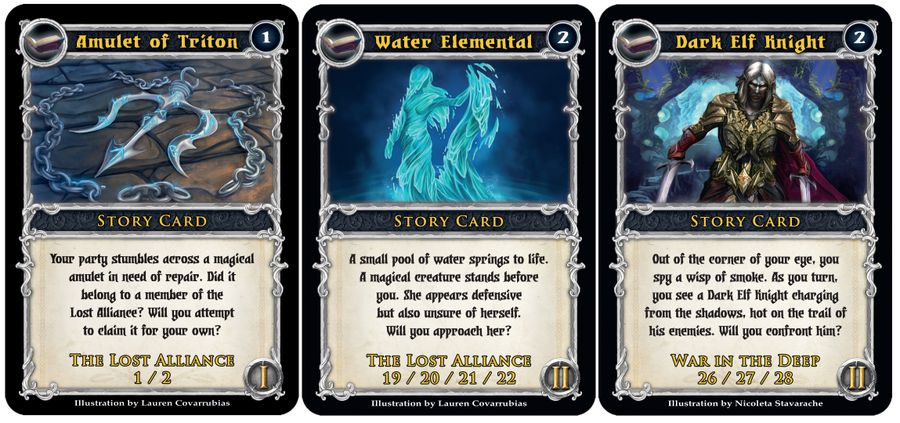 Three fantasy-themed Dungeon Alliance cards by Quixotic Games—Amulet of Triton, Water Elemental, and Dark Elf Knight—feature mystical art, story text, and points for your deck-building adventure.